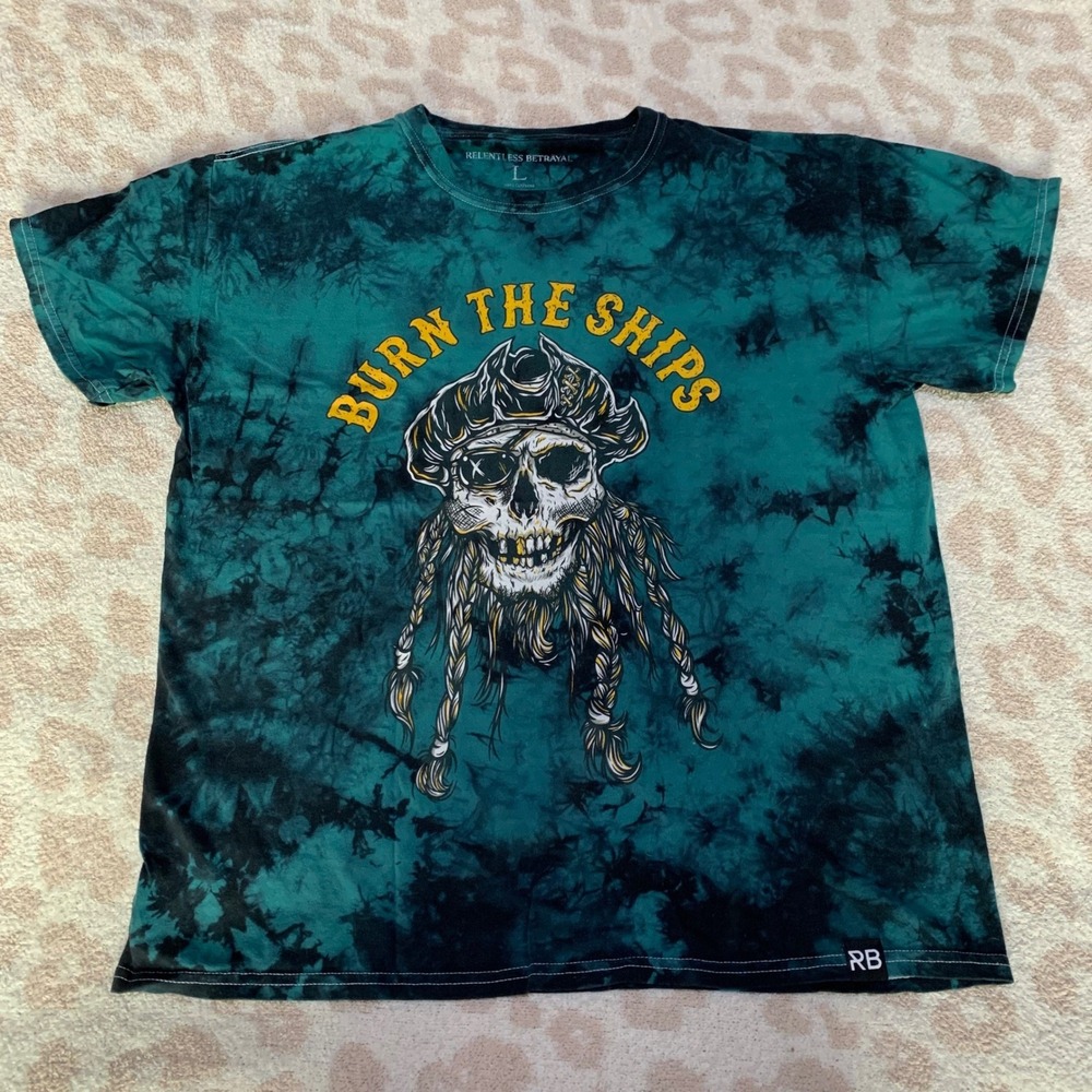 Relentless Betrayal T-Shirt Burn The Ships Pirate Skull Tie Dye Teal Mens L‎